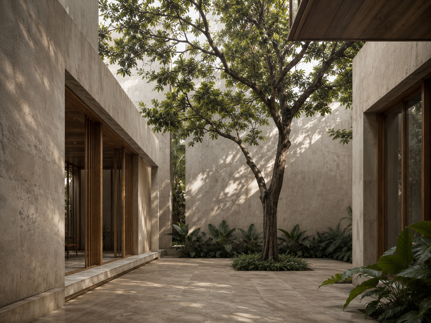 Minimal contemporary interior with natural materials and courtyard light
